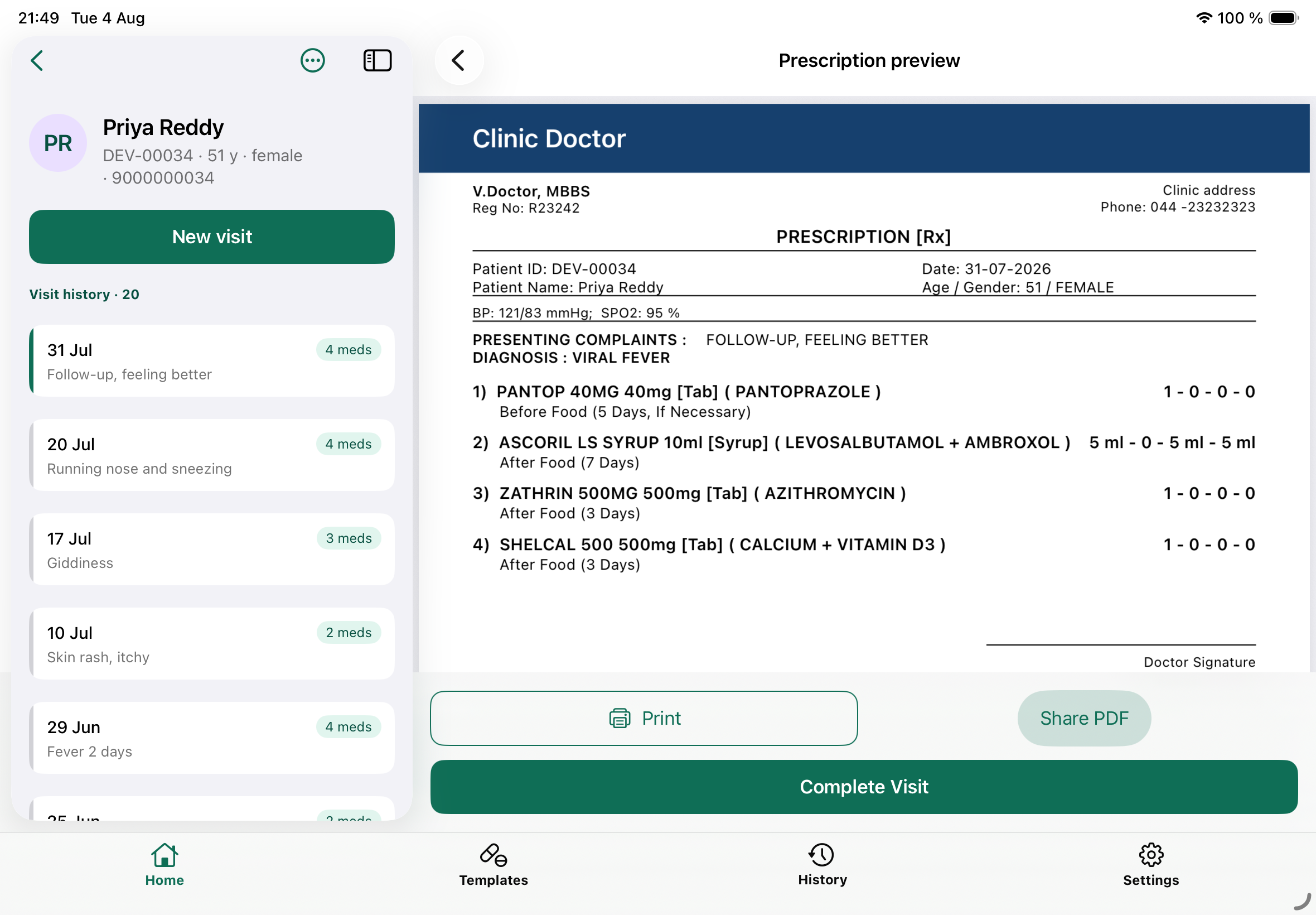 Prescription PDF preview on iPad on clinic letterhead