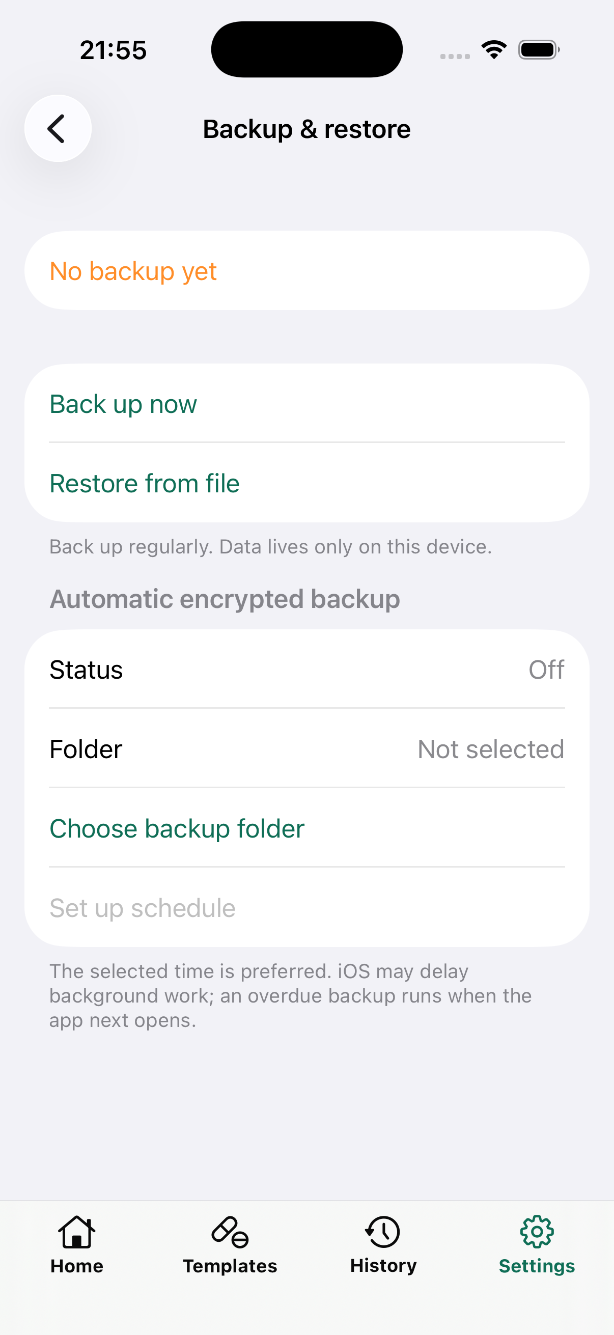 Encrypted backup and restore screen