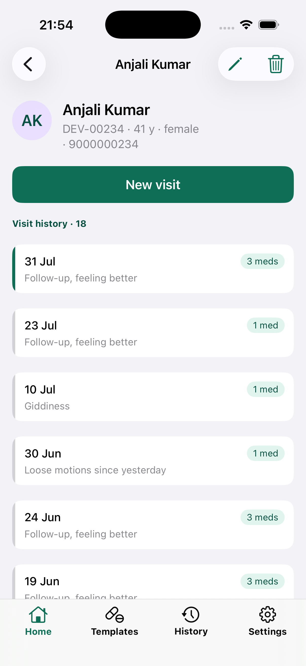 Patient detail showing full visit history